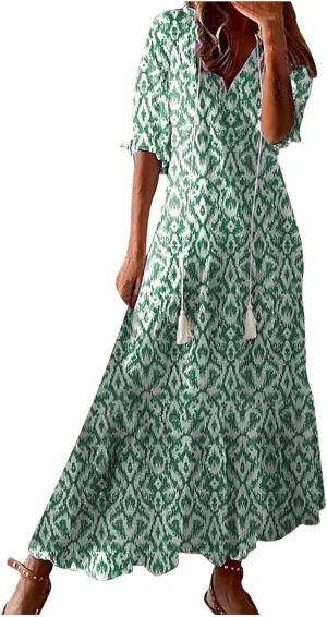 Women's Summer Ruffle Maxi Dresses Trendy Floral A-Line Swing Dress Casual 3/4 Sleeve V Neck Flowy Boho Long Dress