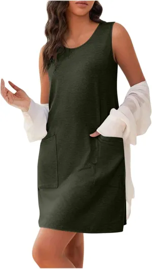 Womens Summer Tank Top Dress Sleeveless Round Neck Casual Dresses Trendy Solid Color Basic Mini Dress with Pockets