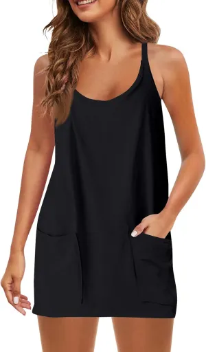 Womens Tennis Dress Workout Mini Dress with Shorts Sleeveless Spaghetti Straps Golf Athletic Dresses Summer