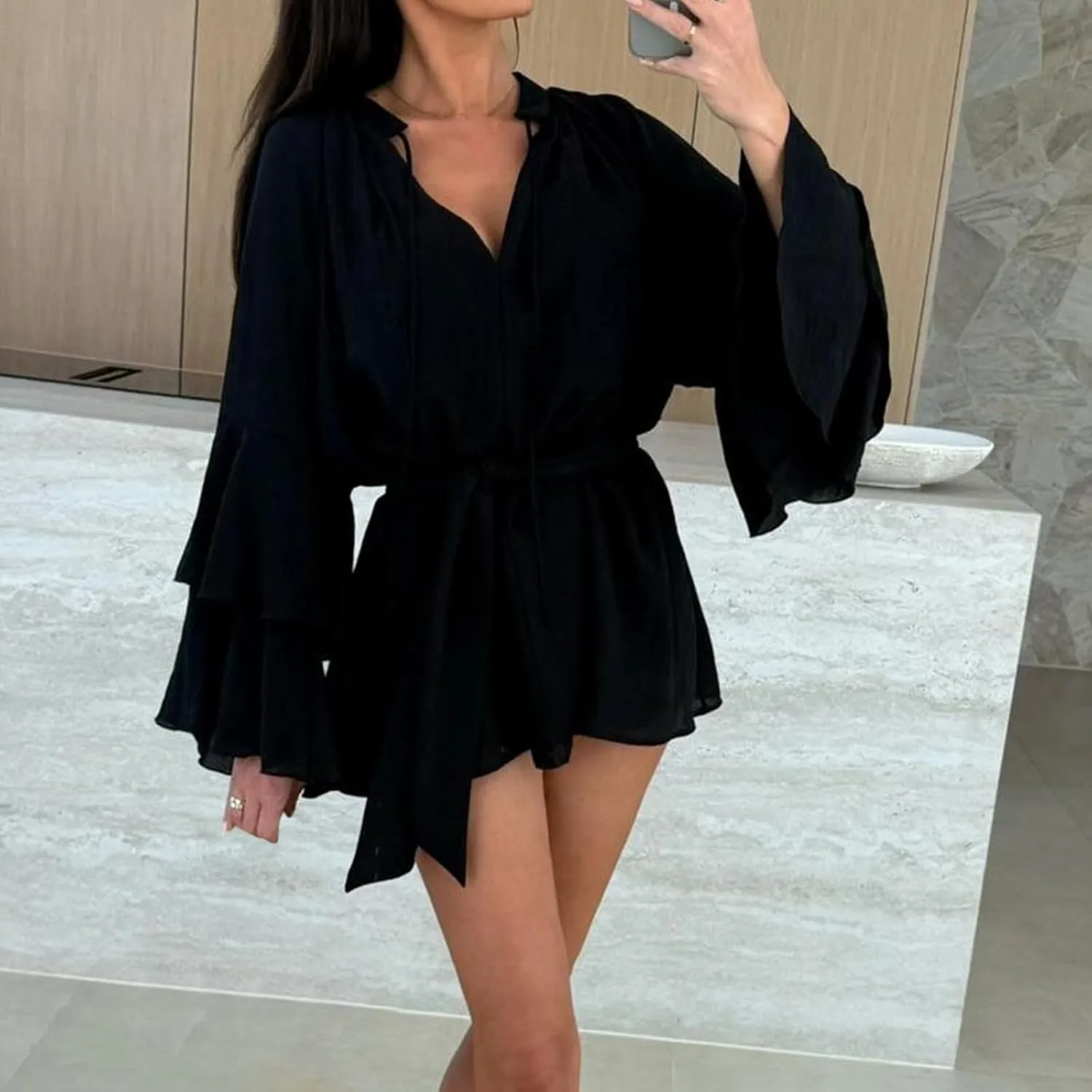 Womens Tie V Neck Casual Summer Loose Short Shirt Dress Flowy Tiered Ruffle Bell Long Sleeve Mini Dresses with Belt