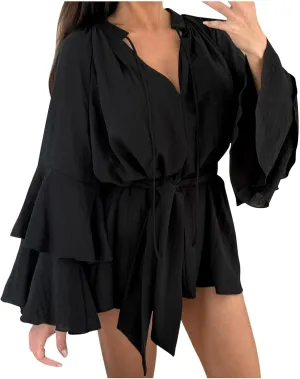 Womens Tie V Neck Casual Summer Loose Short Shirt Dress Flowy Tiered Ruffle Bell Long Sleeve Mini Dresses with Belt