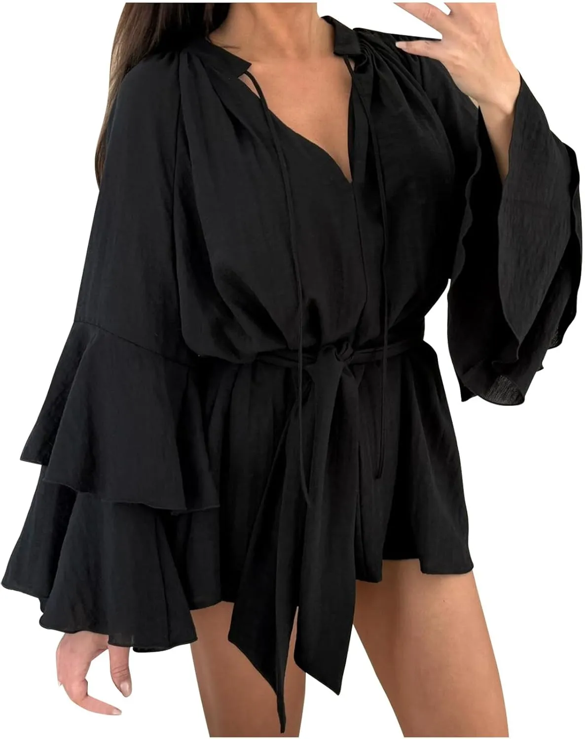 Womens Tie V Neck Casual Summer Loose Short Shirt Dress Flowy Tiered Ruffle Bell Long Sleeve Mini Dresses with Belt