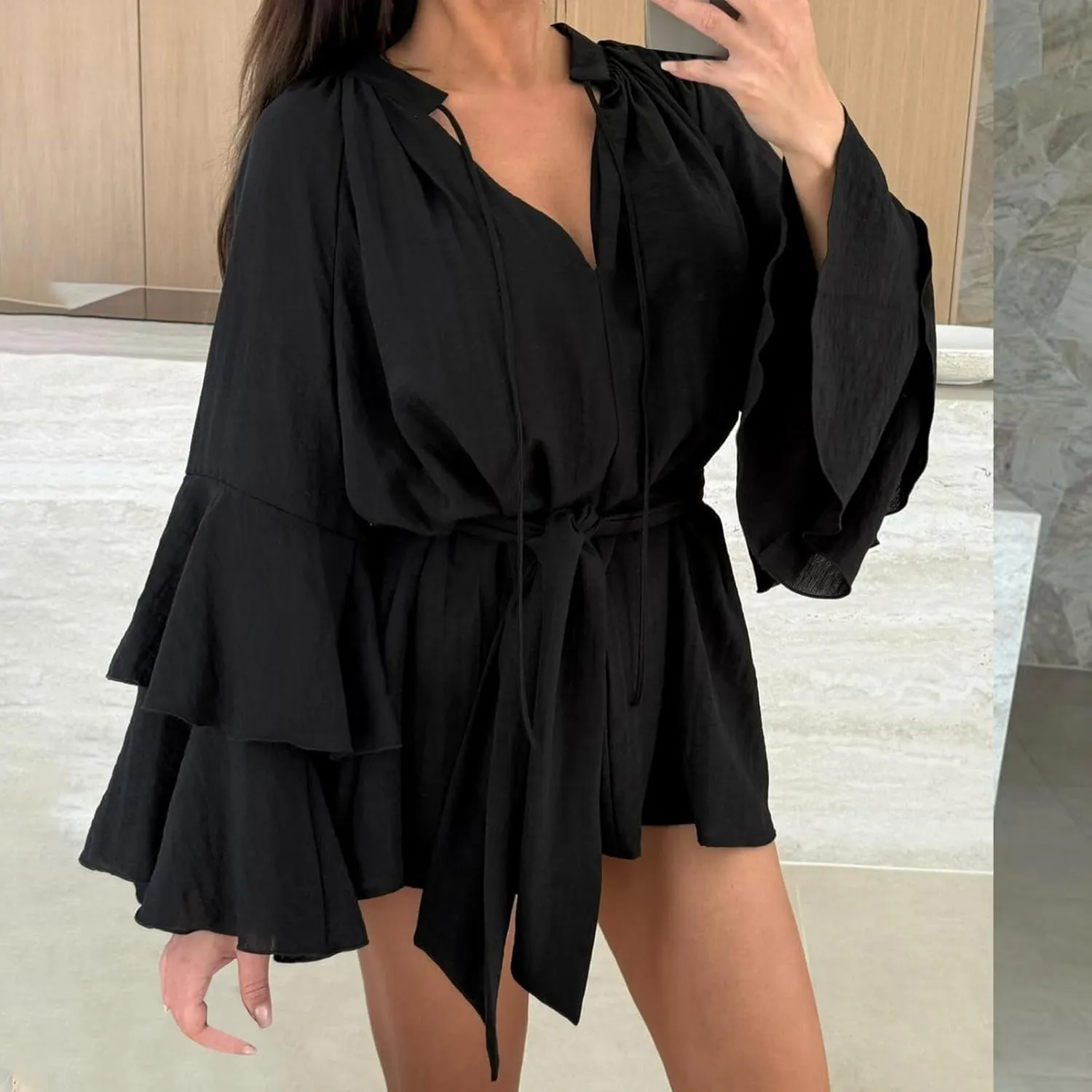 Womens Tie V Neck Casual Summer Loose Short Shirt Dress Flowy Tiered Ruffle Bell Long Sleeve Mini Dresses with Belt