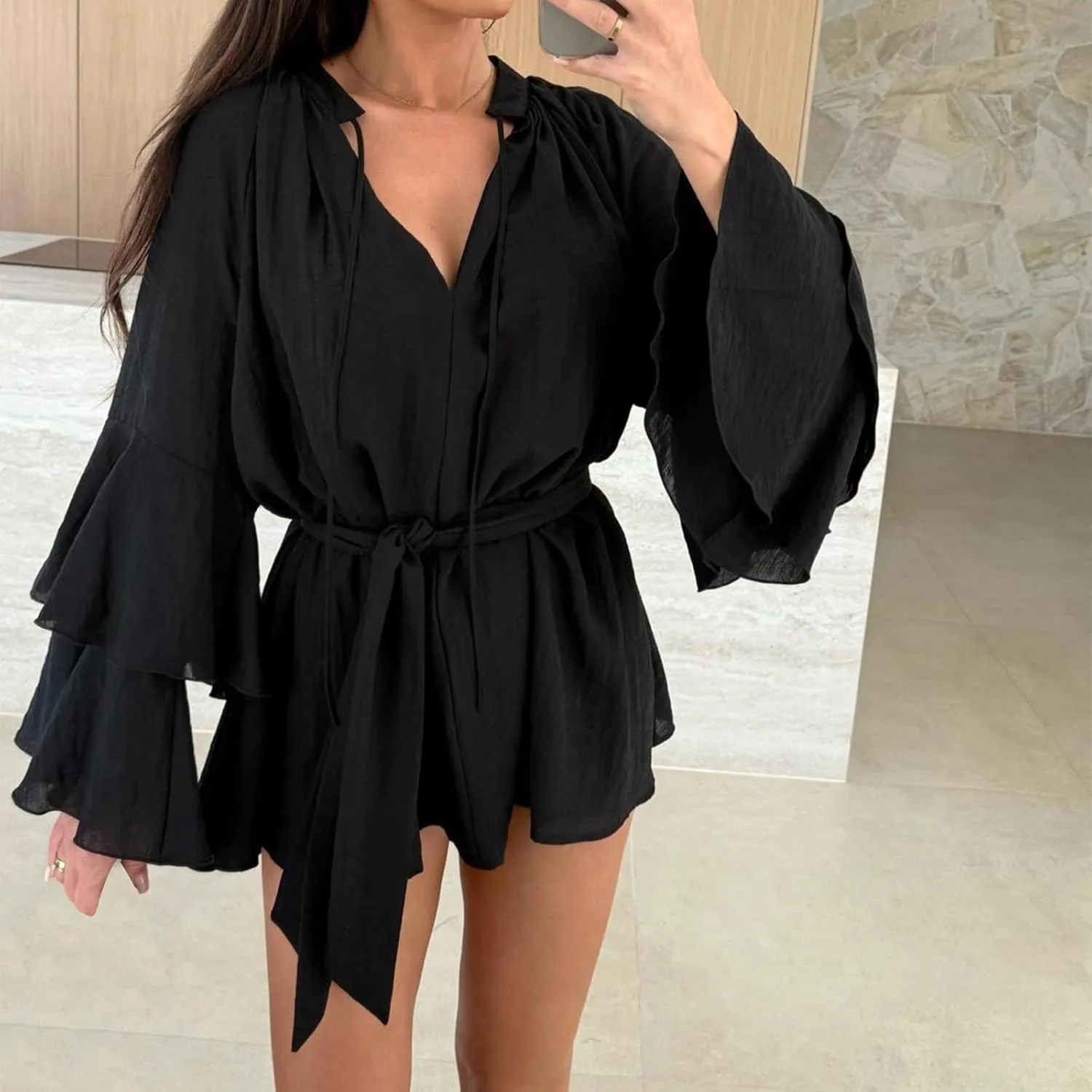 Womens Tie V Neck Casual Summer Loose Short Shirt Dress Flowy Tiered Ruffle Bell Long Sleeve Mini Dresses with Belt