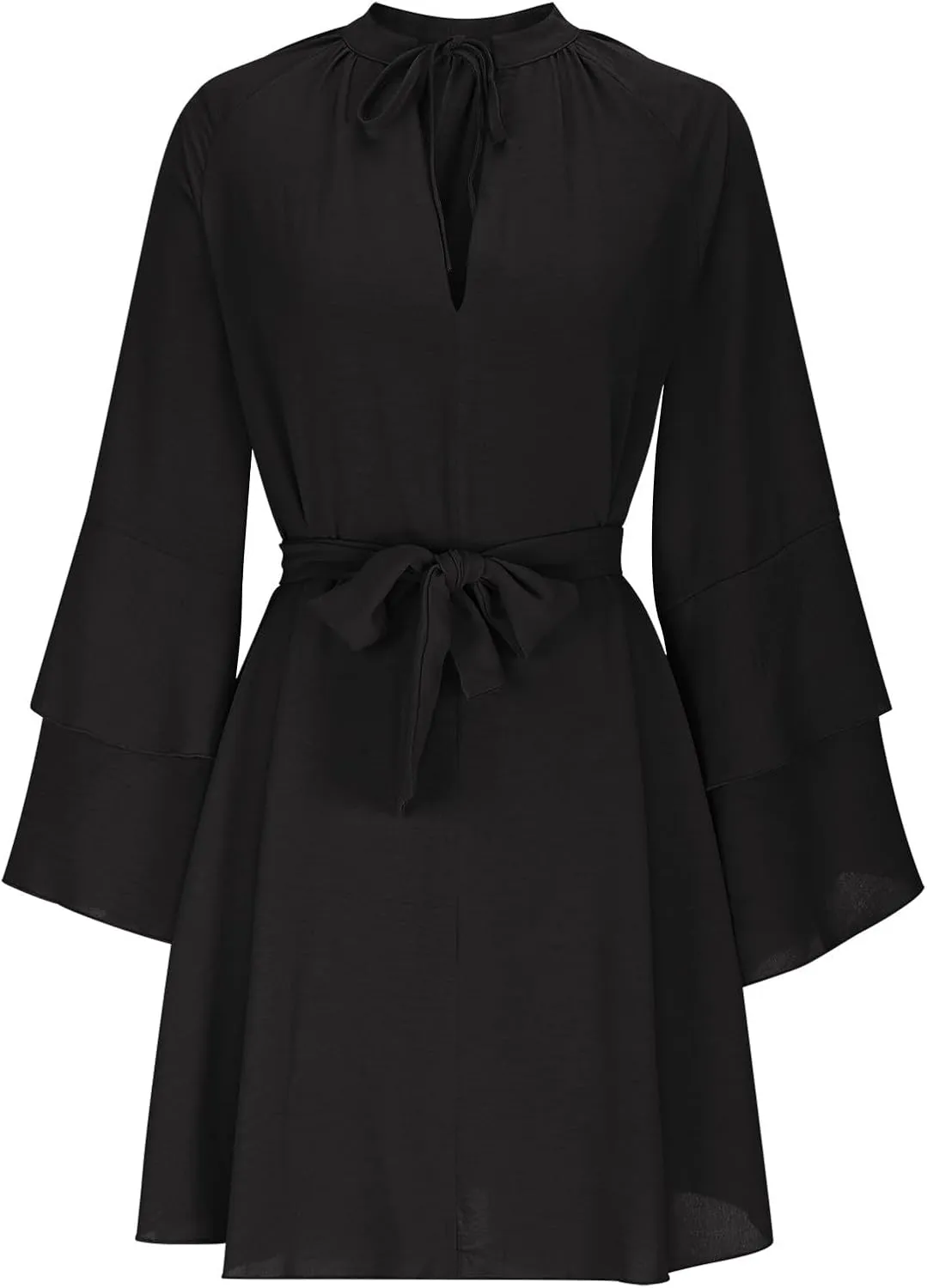 Womens Tie V Neck Casual Summer Loose Short Shirt Dress Flowy Tiered Ruffle Bell Long Sleeve Mini Dresses with Belt
