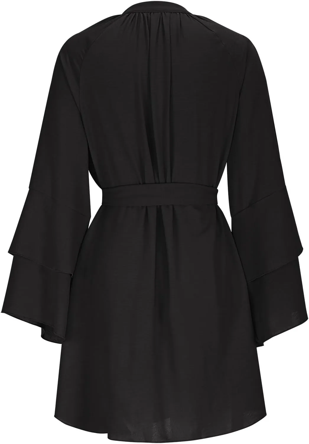 Womens Tie V Neck Casual Summer Loose Short Shirt Dress Flowy Tiered Ruffle Bell Long Sleeve Mini Dresses with Belt