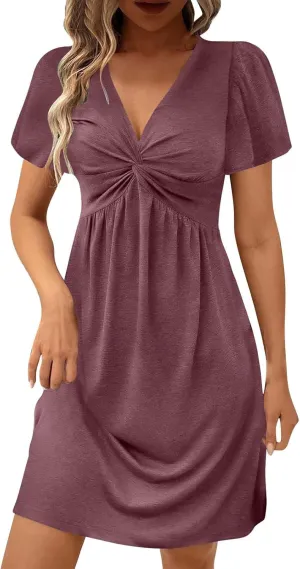 Womens Twist Front V Neck Summer Dress Sexy Elegant Puff Sleeve Casual Pleated Mini Dresses Swing A Line Sundresses