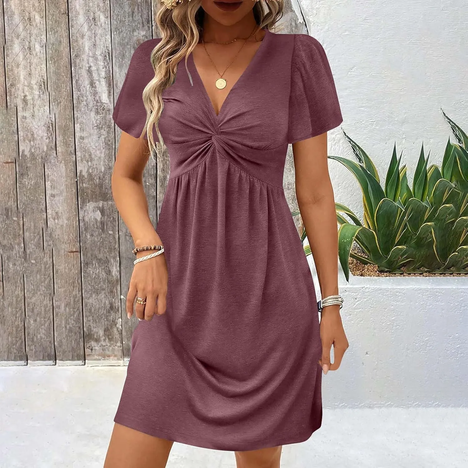 Womens Twist Front V Neck Summer Dress Sexy Elegant Puff Sleeve Casual Pleated Mini Dresses Swing A Line Sundresses
