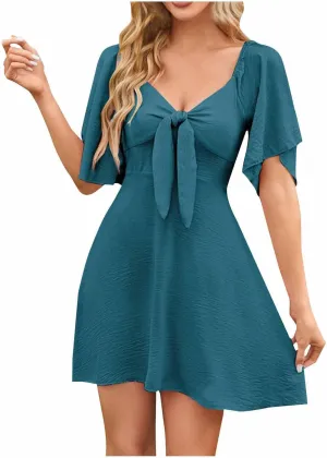 Womens V Neck Flutter Short Sleeve Mini Dress Summer A Line Pleated Lace Up Flowy Boho Beach Vacation Short Dresses