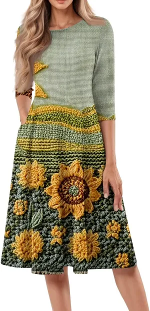 Women's Wedding Guest Dresses 3/4 Sleeve O Neck Midi Dress Boho Floral Print A Line Swing Cocktail Party Dresses