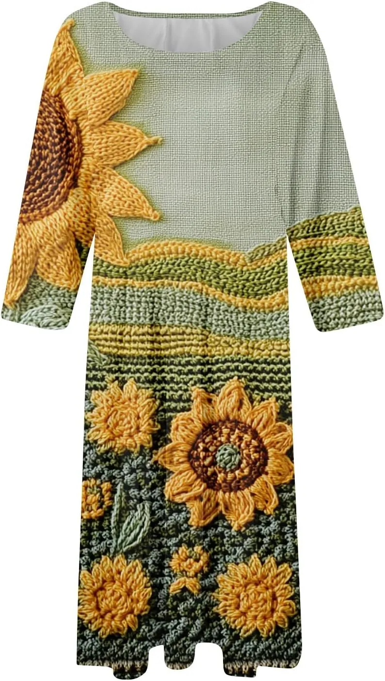 Women's Wedding Guest Dresses 3/4 Sleeve O Neck Midi Dress Boho Floral Print A Line Swing Cocktail Party Dresses