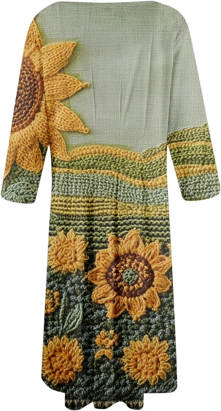 Women's Wedding Guest Dresses 3/4 Sleeve O Neck Midi Dress Boho Floral Print A Line Swing Cocktail Party Dresses