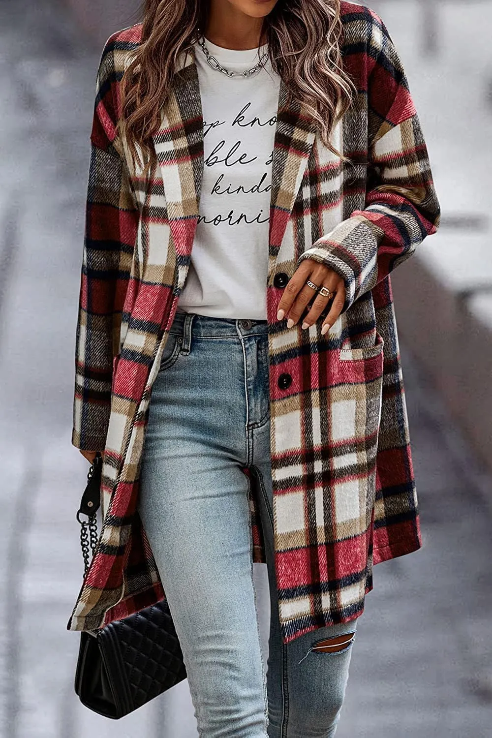 ZOCANIA Plaid Trench Coat Womens Woolen Notch Collar Midi Pea Coat Lapel Button Down Long Jacket Coat Fall Winter Overcoat