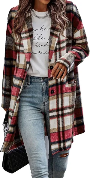 ZOCANIA Plaid Trench Coat Womens Woolen Notch Collar Midi Pea Coat Lapel Button Down Long Jacket Coat Fall Winter Overcoat