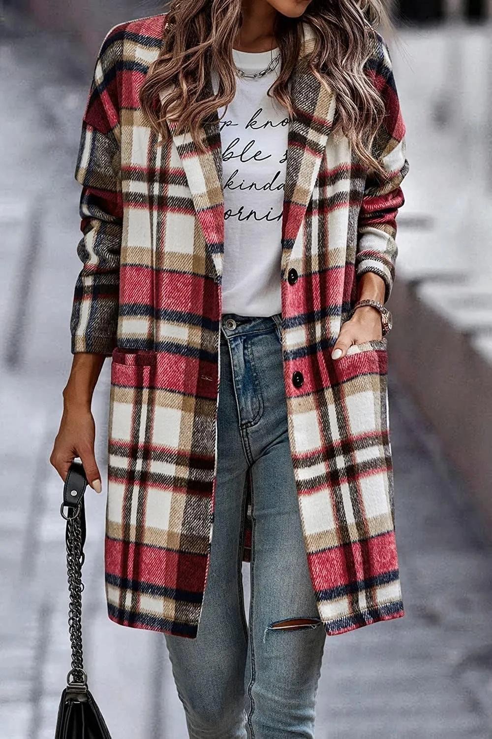 ZOCANIA Plaid Trench Coat Womens Woolen Notch Collar Midi Pea Coat Lapel Button Down Long Jacket Coat Fall Winter Overcoat