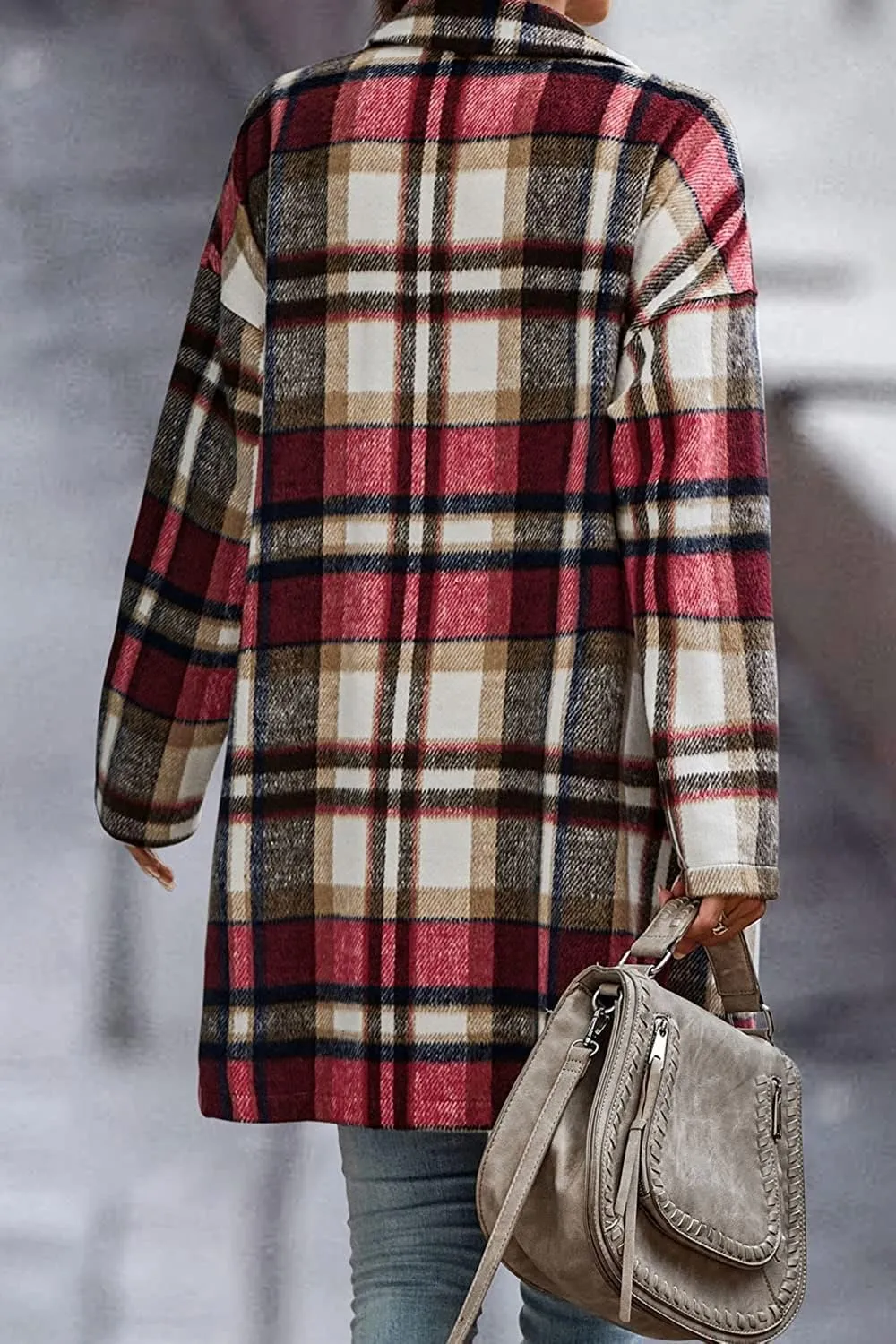 ZOCANIA Plaid Trench Coat Womens Woolen Notch Collar Midi Pea Coat Lapel Button Down Long Jacket Coat Fall Winter Overcoat
